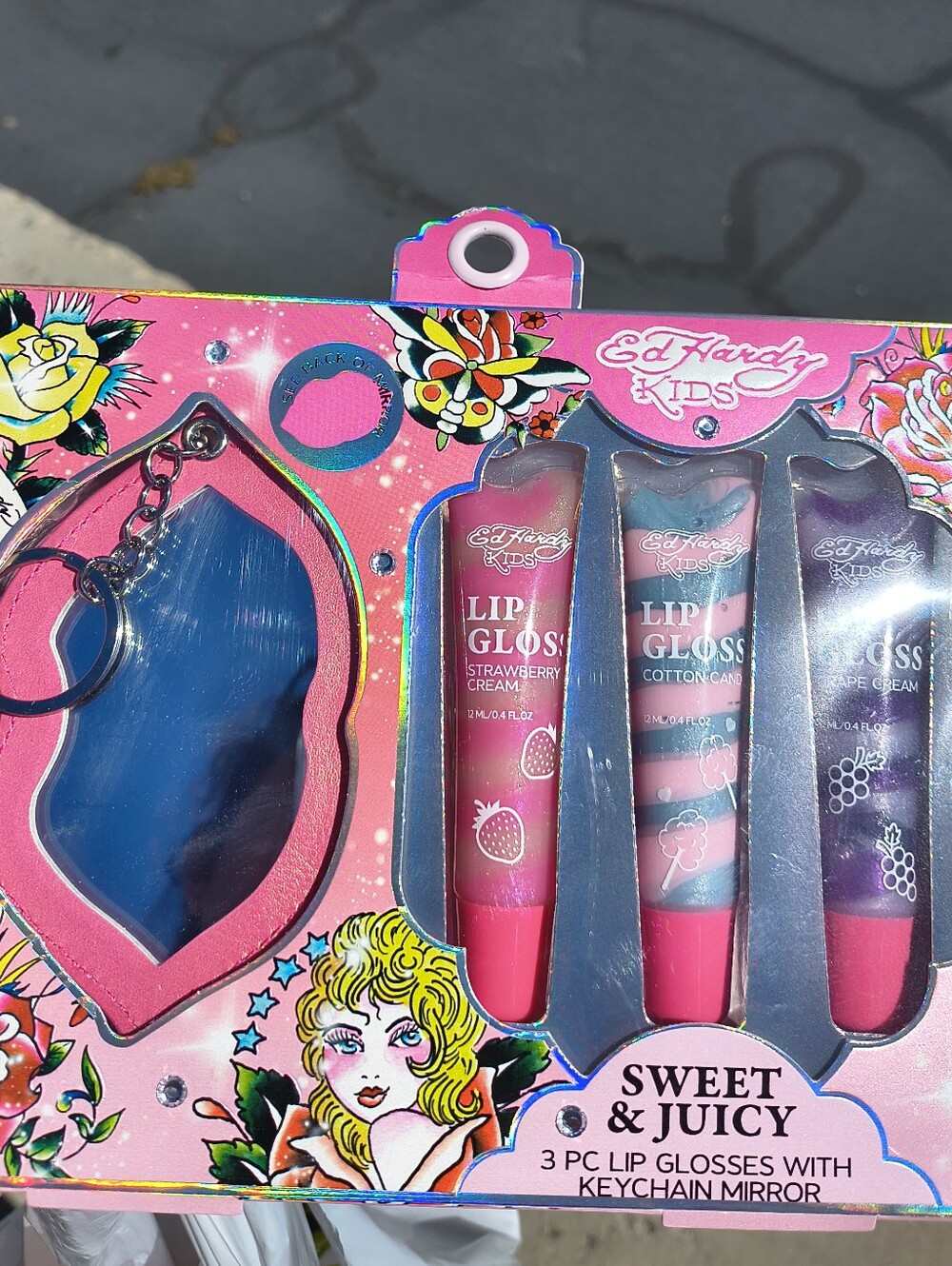 Ed Hardy Lip Gloss and Mirror Keychain Set. NEW